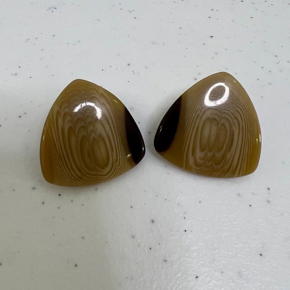 Wood‎ Grain Look Earrings Vintage Plastic Brown Stripe Geometric Big Stud - Picture 1 of 5